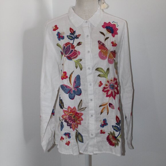 Johnny Was White Floral Embroidered Button Down Shirt - Picture 1 of 9
